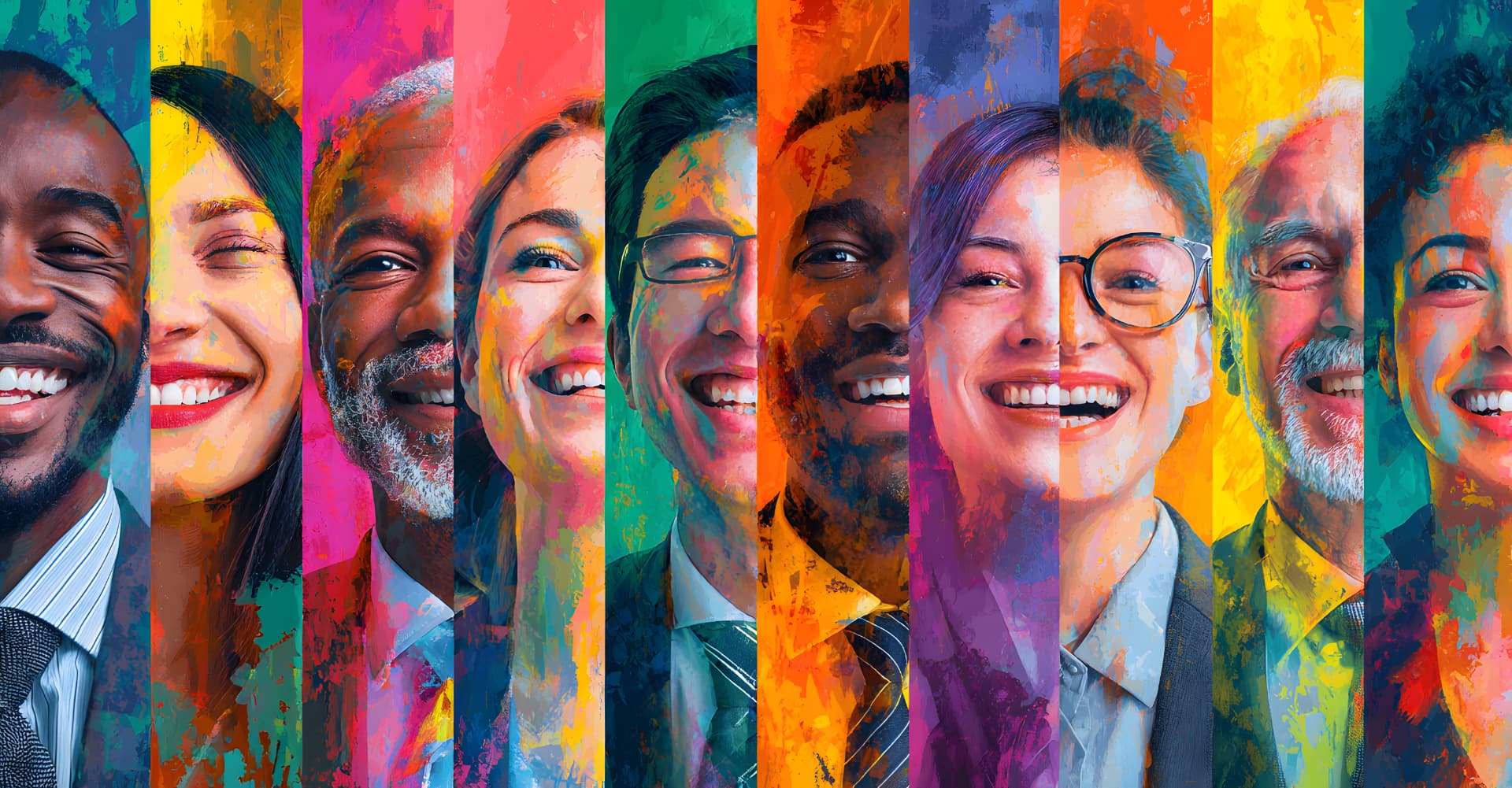 Colorful painted portraits of smiling people